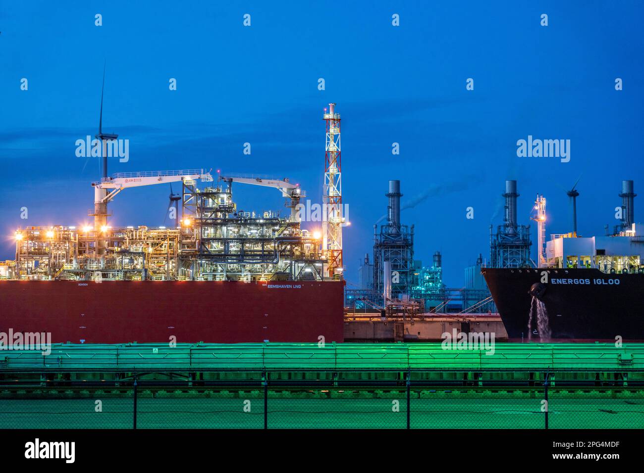 EemsEnergyTerminal, floating LNG terminal in the seaport of Eemshaven, tankers bring liquefied natural gas to the two production ships, Eemshaven LNG Stock Photo