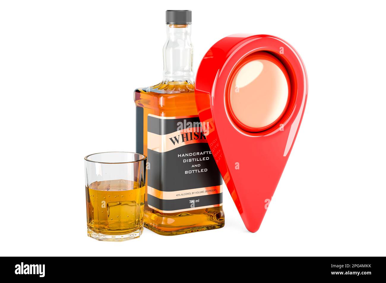 Whiskey bottle and full glass of whiskey with map pointer, 3D rendering