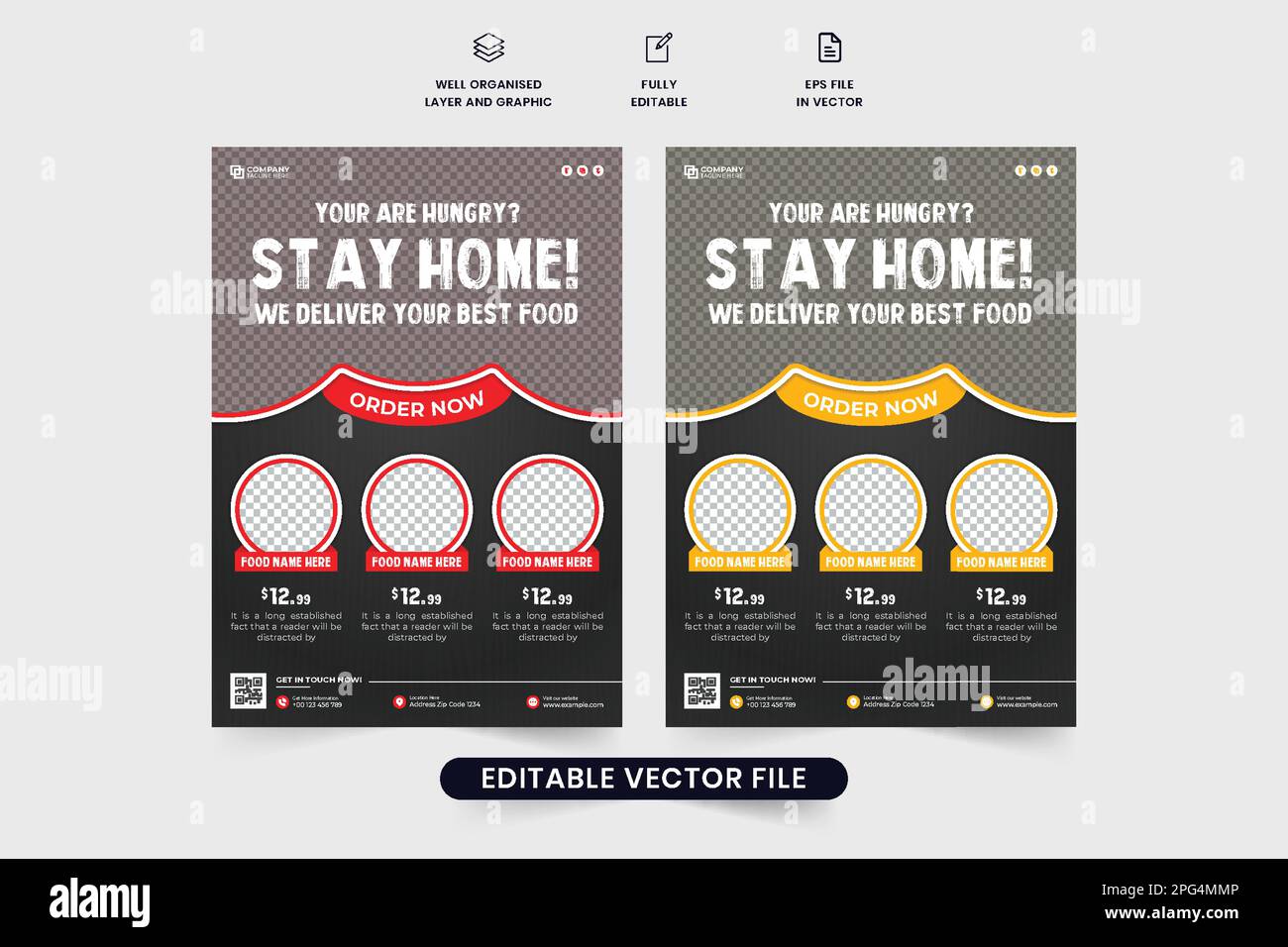 Creative restaurant flyer template vector with red and yellow colors ...