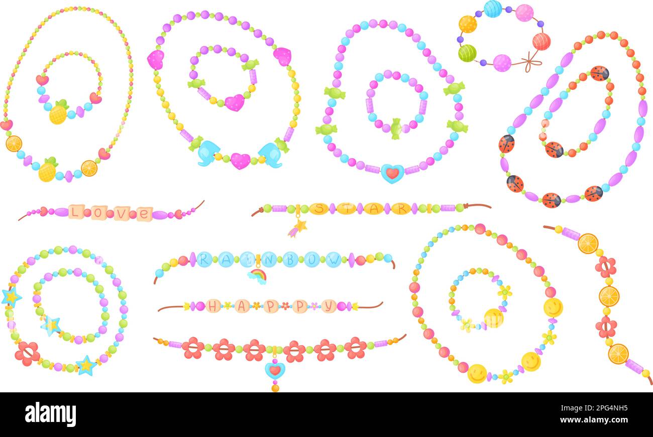 Diy bracelets. Plastic bead cartoon bracelet, kid jewelry accessories friendship wristband children handmad necklace with symbol heart on string or thread, neat vector illustration Stock Vector