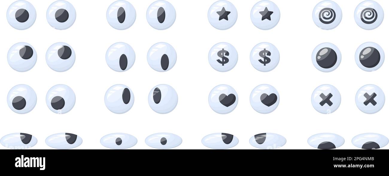 Googly eyes. Goofy 3d eye crazy look of puppet toy or funny silly characters, wobbly plastic