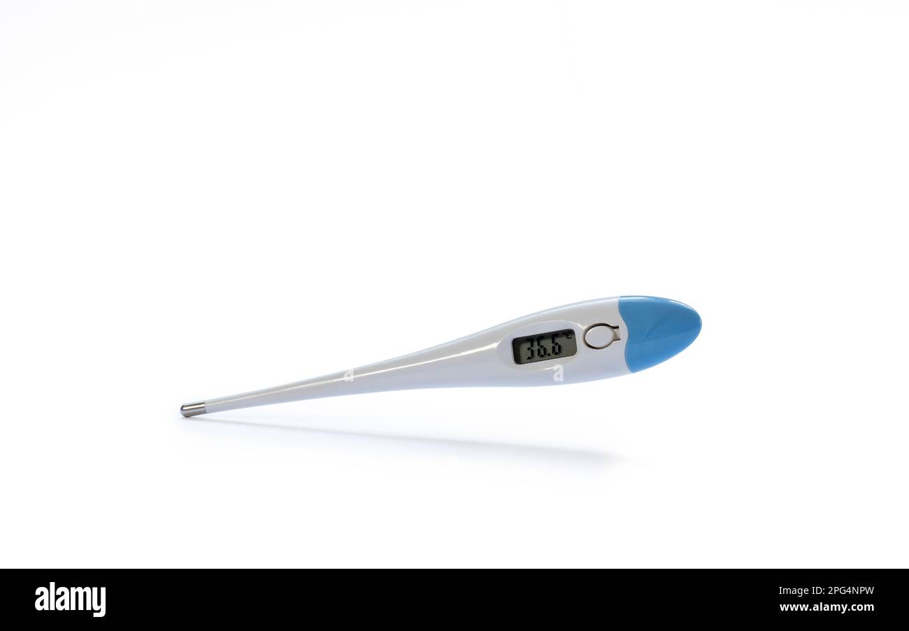 Electronic body thermometer displaying healthy human body temperature