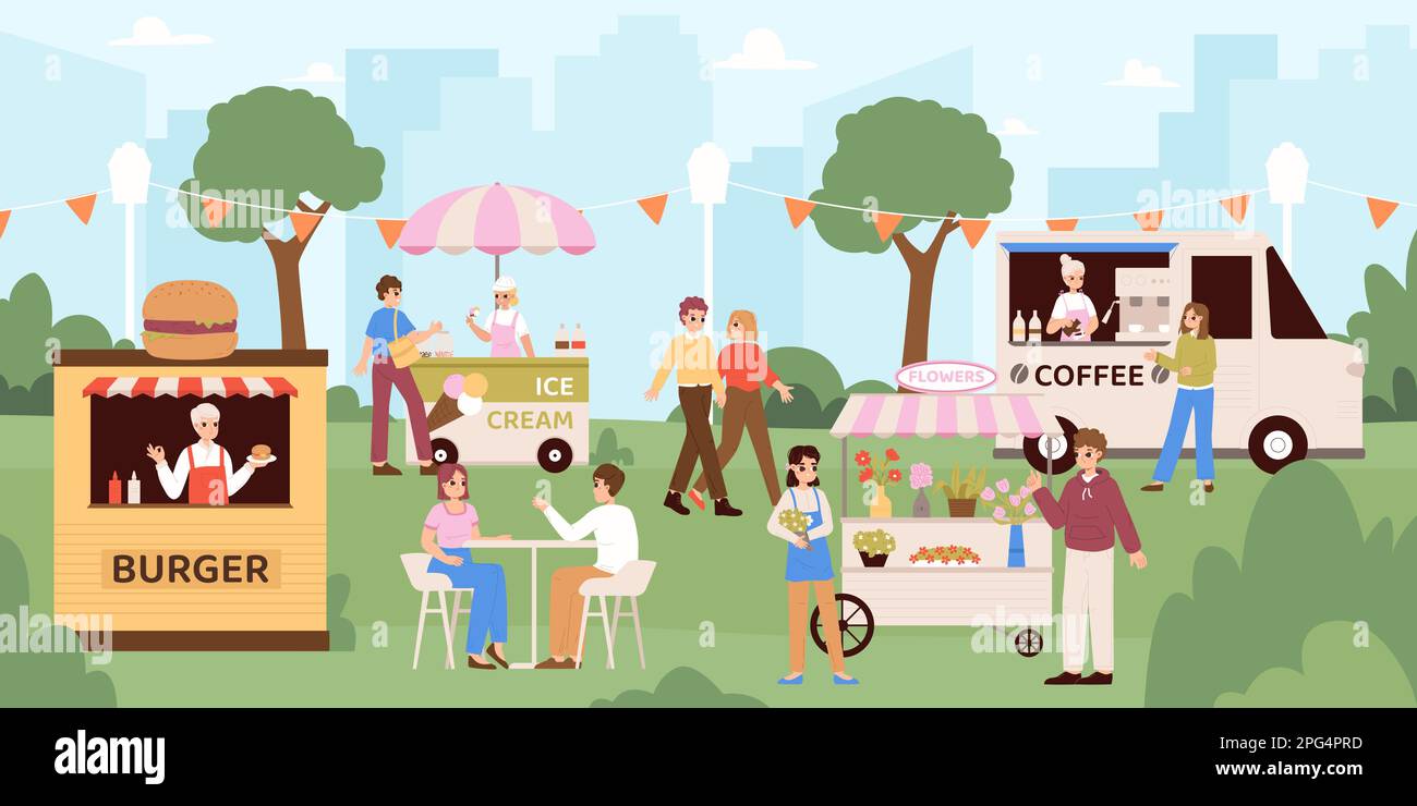 Street food festival, people crowd walking in fair in park. Outdoor summer event, person eating burger and ice cream, drink coffee, snugly vector Stock Vector