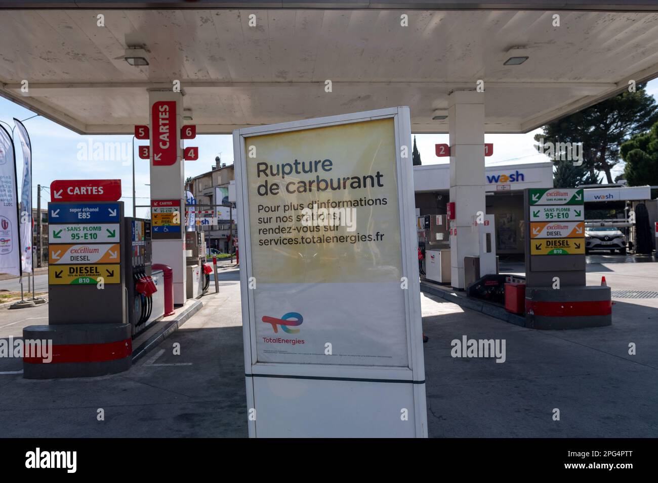 Aubagne, France. 20th Mar, 2023. A closed TotalEnergies gas station is