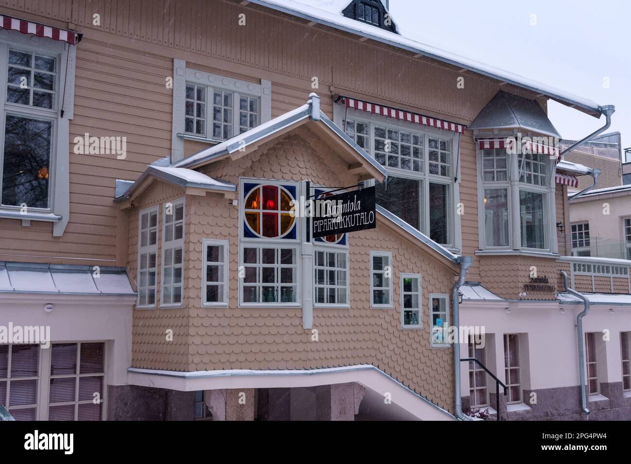 Restaurant Piparkakkutalo (The Gingerbread House) in winter. Hameenlinna, Finland. February 23, 2023. Stock Photo