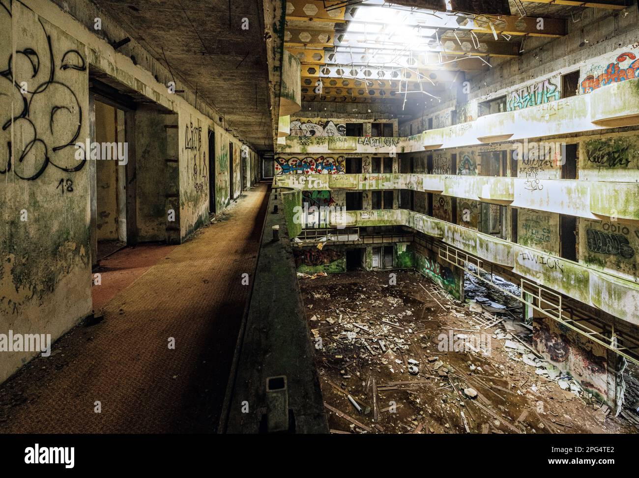 The interior of the abandoned ruined Monte Palace Hotel on the Vista do Rei, on the island of