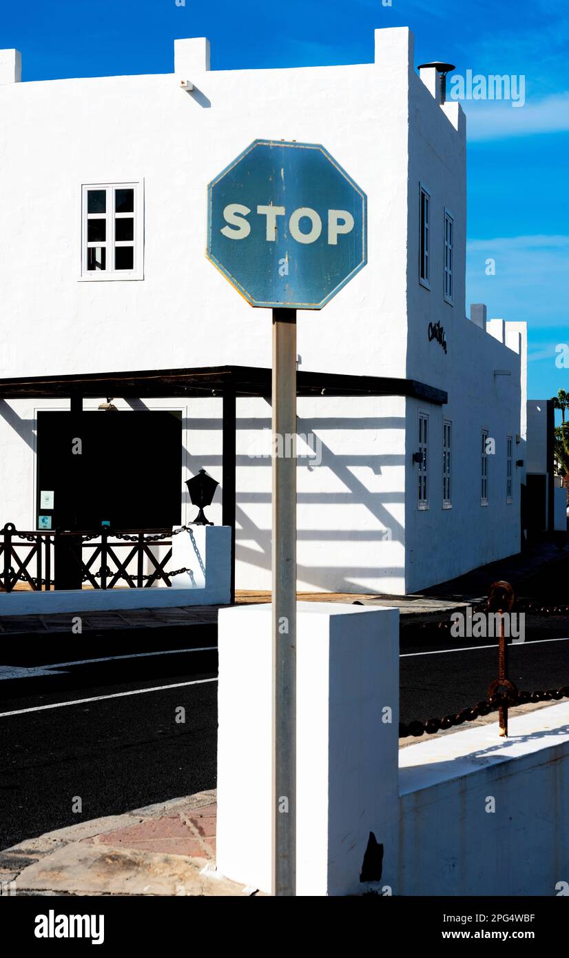 Traffic Sign, Stop Sign In Blue, Lanzarote, Canary Islands, Spain Stock Photo
