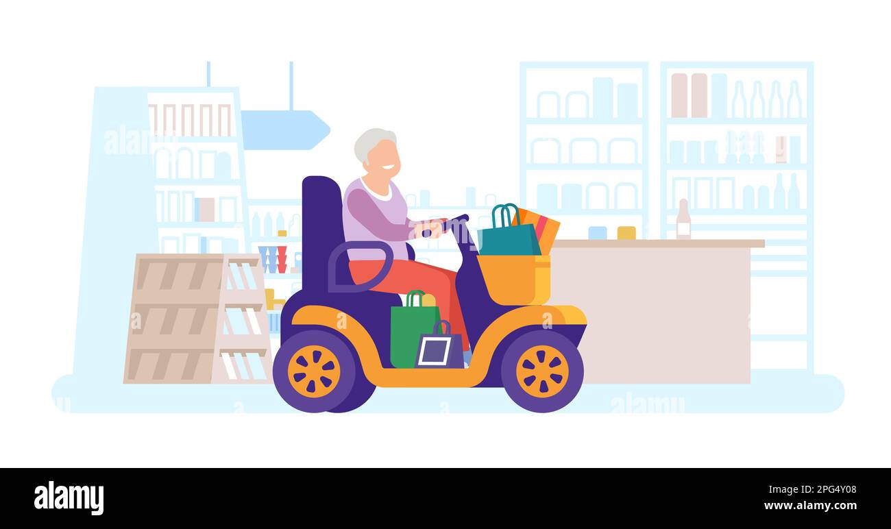 Grandmother with shopping bags rides electric wheelchair. Auto cart