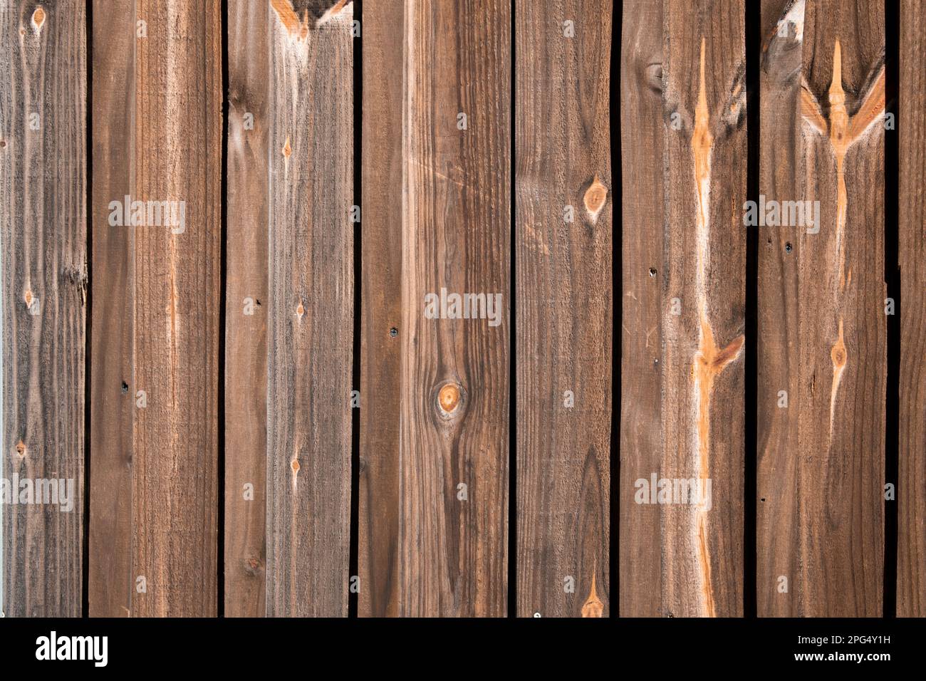 Bright wood panel fence with grain and knots background Stock Photo