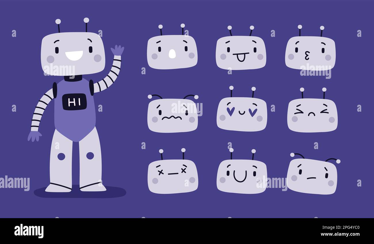 Robot emotions. Emotional android avatars. Kids head. Digital