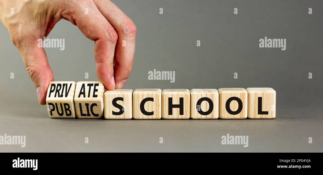 Public or private school symbol. Concept word Public school Private