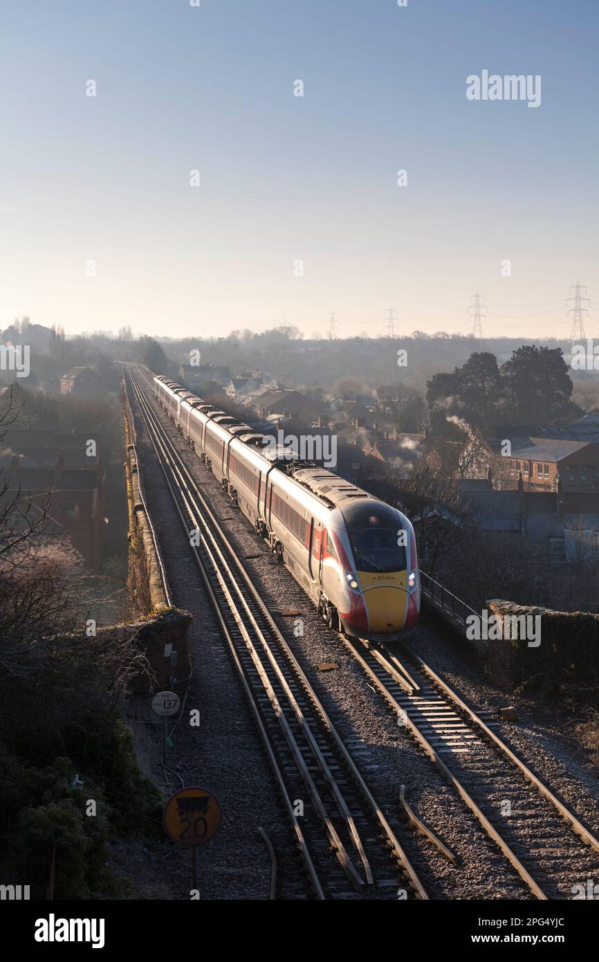 LNER Bi mode Azuma train running on Diesel crossing Yarm viaduct, county Durham, UK Stock Photo