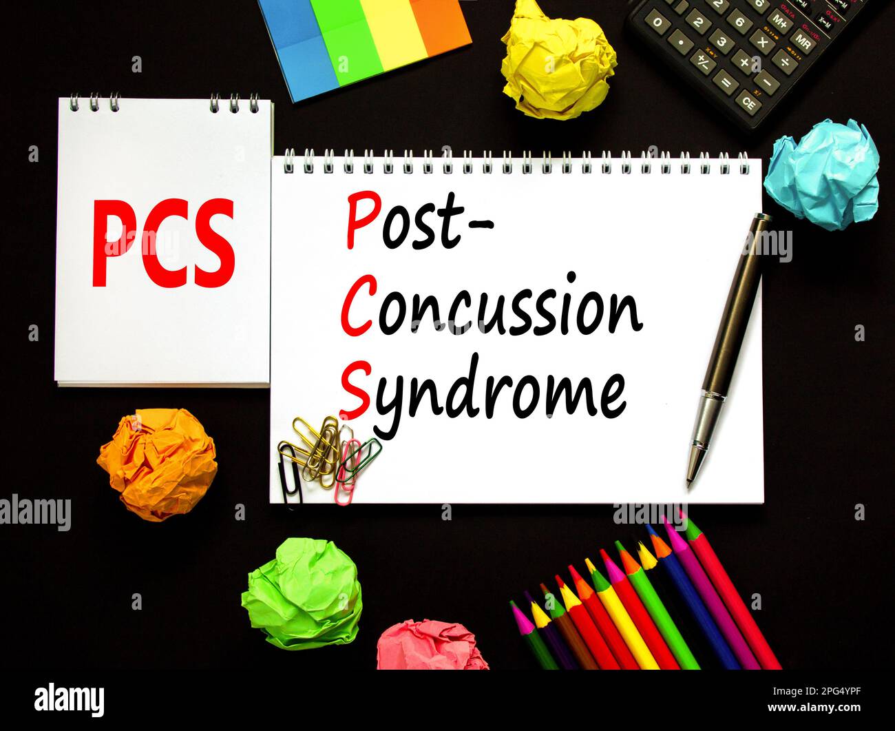 PCS postconcussion syndrome symbol. Concept words PCS postconcussion syndrome on white note on