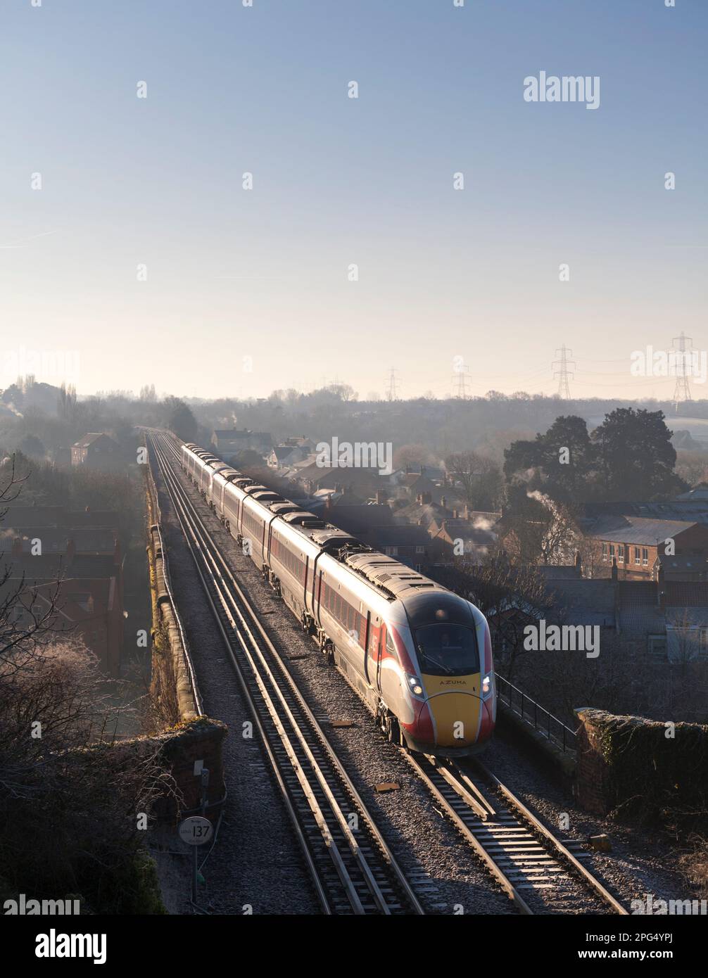 LNER Bi mode Azuma train running on Diesel crossing Yarm viaduct