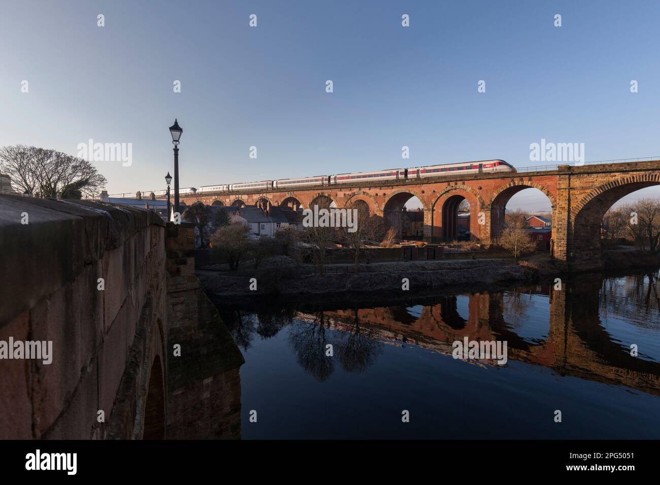 LNER Bi mode Azuma train running on Diesel crossing the brick arch Yarm