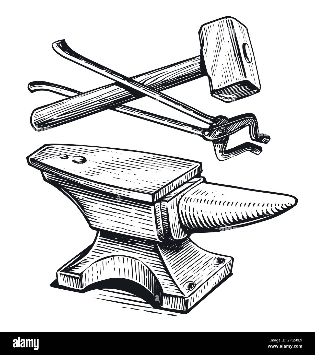 Hand drawn hammer, tongs and anvil. Blacksmith work, ironwork concept. Blacksmithing vintage sketch vector illustration Stock Vector