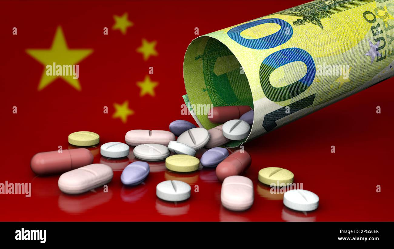 Tablets, Euro and China - Dependence on the Chinese pharmaceutical industry Stock Photo
