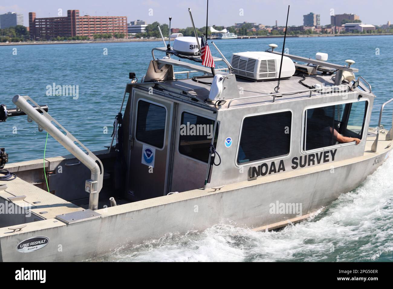 Windsor, Ontario, Canada - August 6 2022: A NOAA Survey vessel working in the Detroit River on the Windsor side Stock Photo