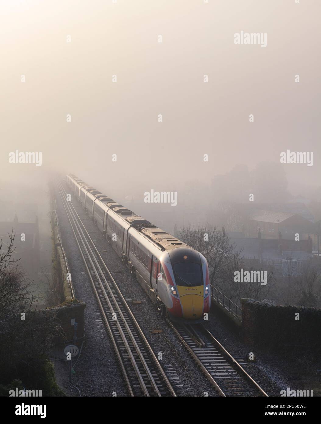 LNER Bi mode Azuma train running on Diesel crossing Yarm viaduct