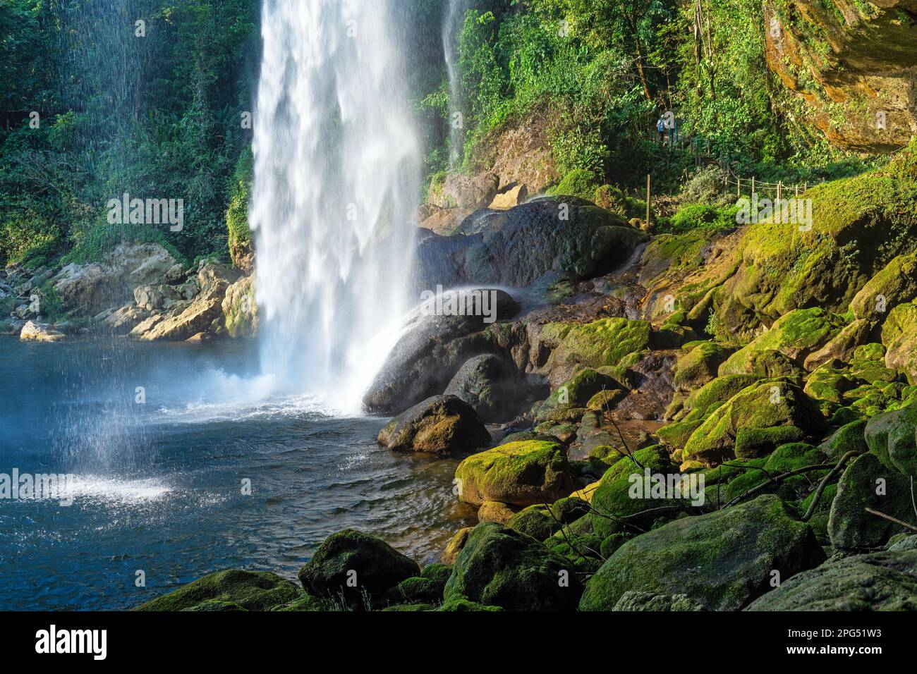 Misol Ha waterfall at sunset seen from behind, Palenque, Chiapas, Mexico. Stock Photo