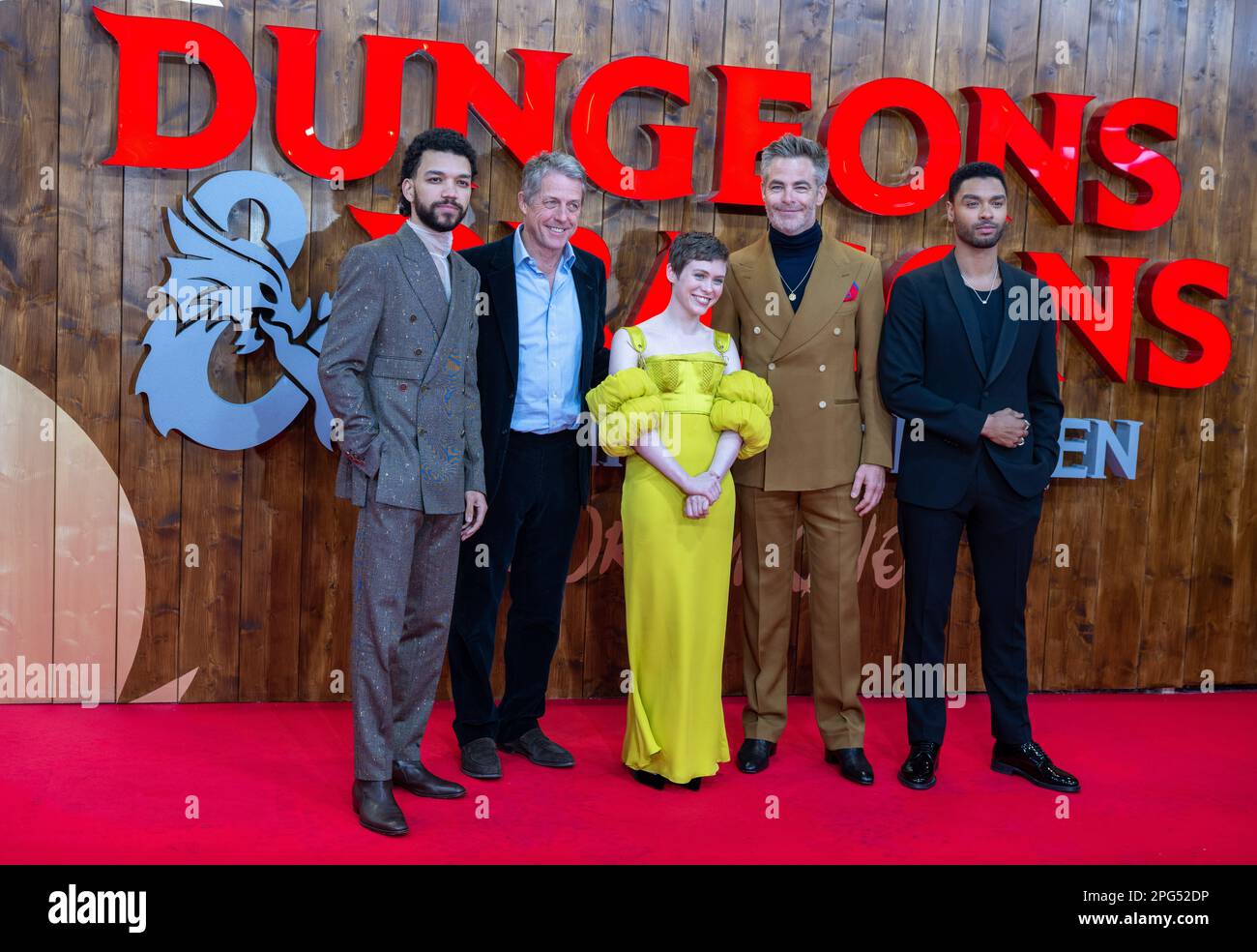 Berlin, Germany. 20th Mar, 2023. Actors Justice Smith (l-r), Hugh Grant, Sophia Lillis, Chris Pine and Rege-Jean Page arrive at the special screening of the film 'Dungeons & Dragons: Honor Among Thieves' at Zoo Palast. The film 'Dungeons & Dragons: Honor Among Thieves' opens in German theaters on March 30, 2023. Credit: Monika Skolimowska/dpa/Alamy Live News Stock Photo