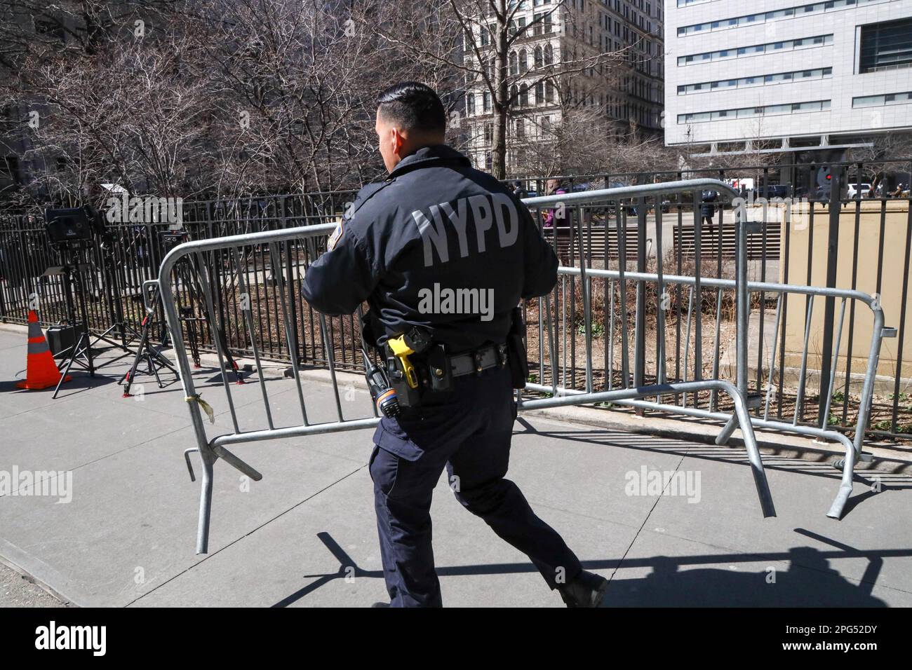 Members of the media outside the New York District Attorney's office in