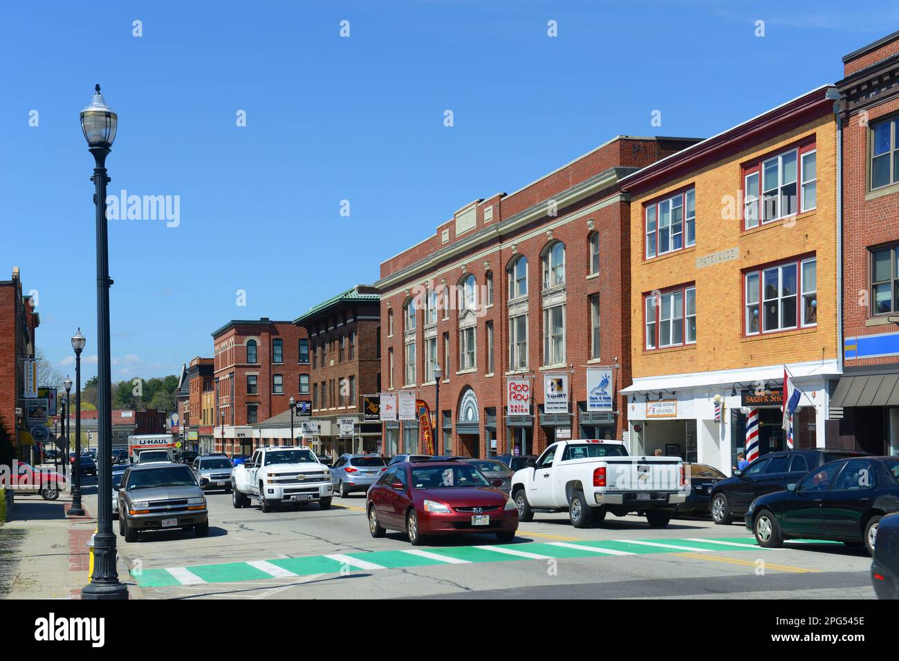 Historic commercial buildings on Main Street in historic town center of Webster, Massachusetts MA, USA. Stock Photo