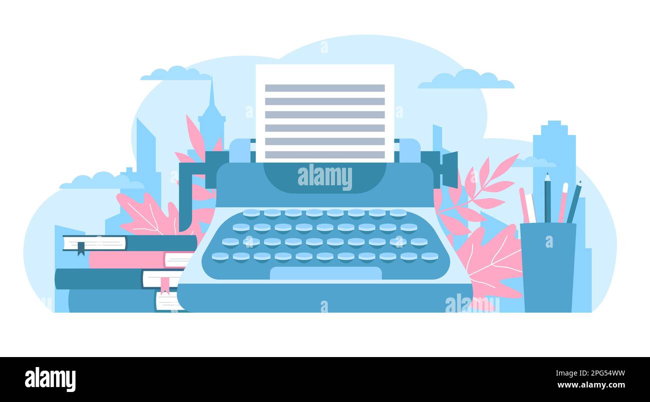 Concept of writing book on typewriter. Chapter of novel or poetry book. professional retro writing, vintage workplace. Creative copywriter. Cartoon Stock Vector