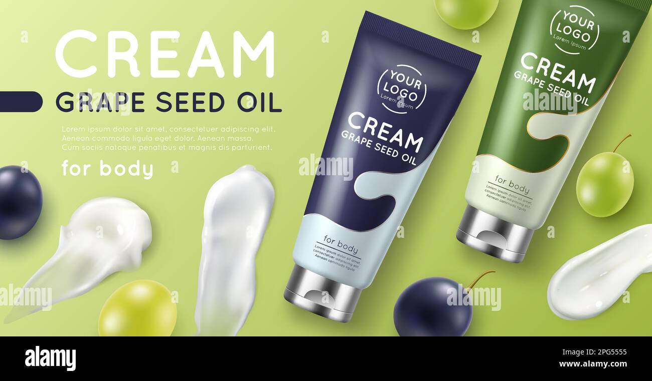 Grape seed cosmetics poster. Realistic beauty product banner, fruit