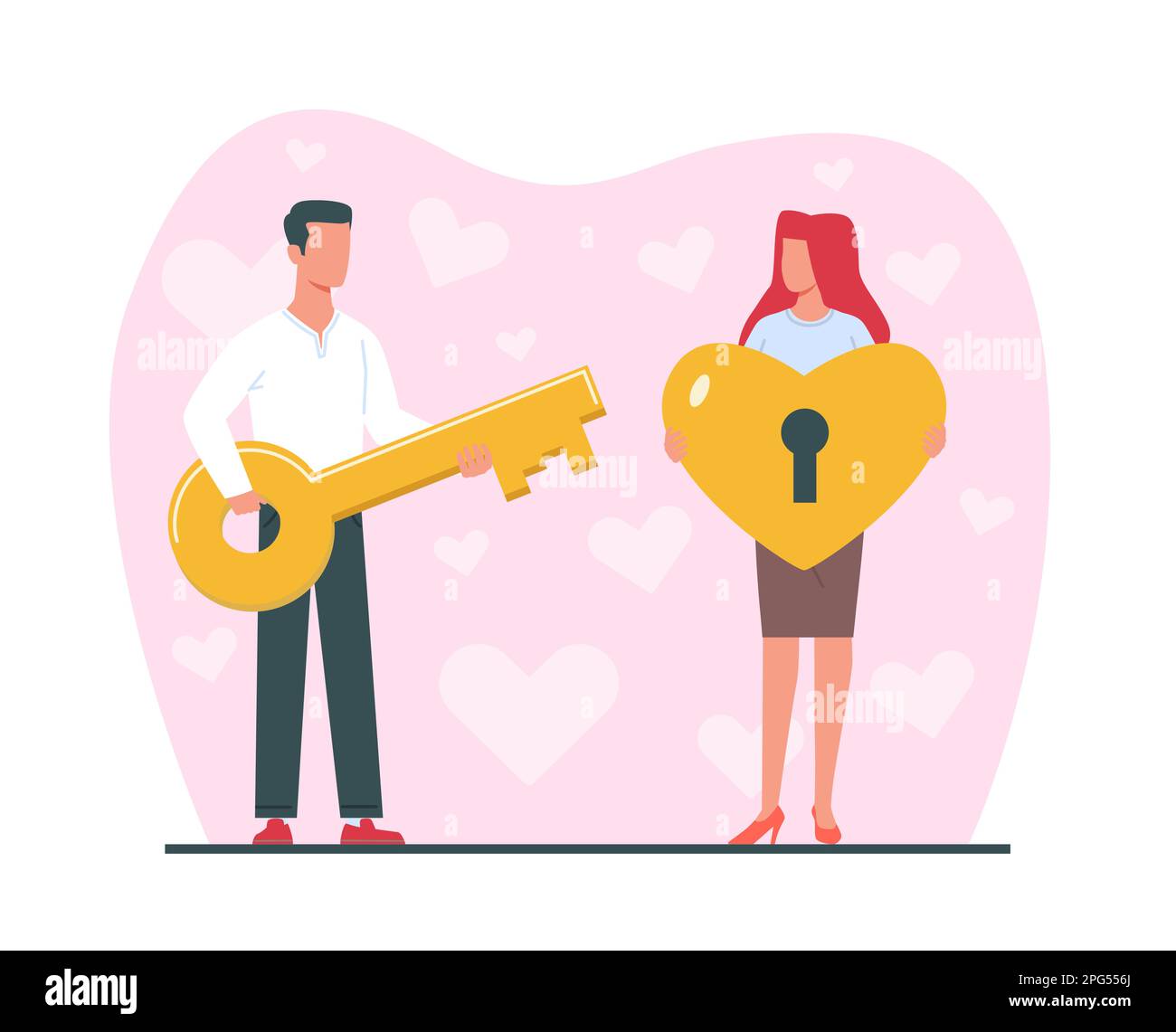 Metaphor for love, man holding golden key to woman heart lock. Romantic relationships. Valentine