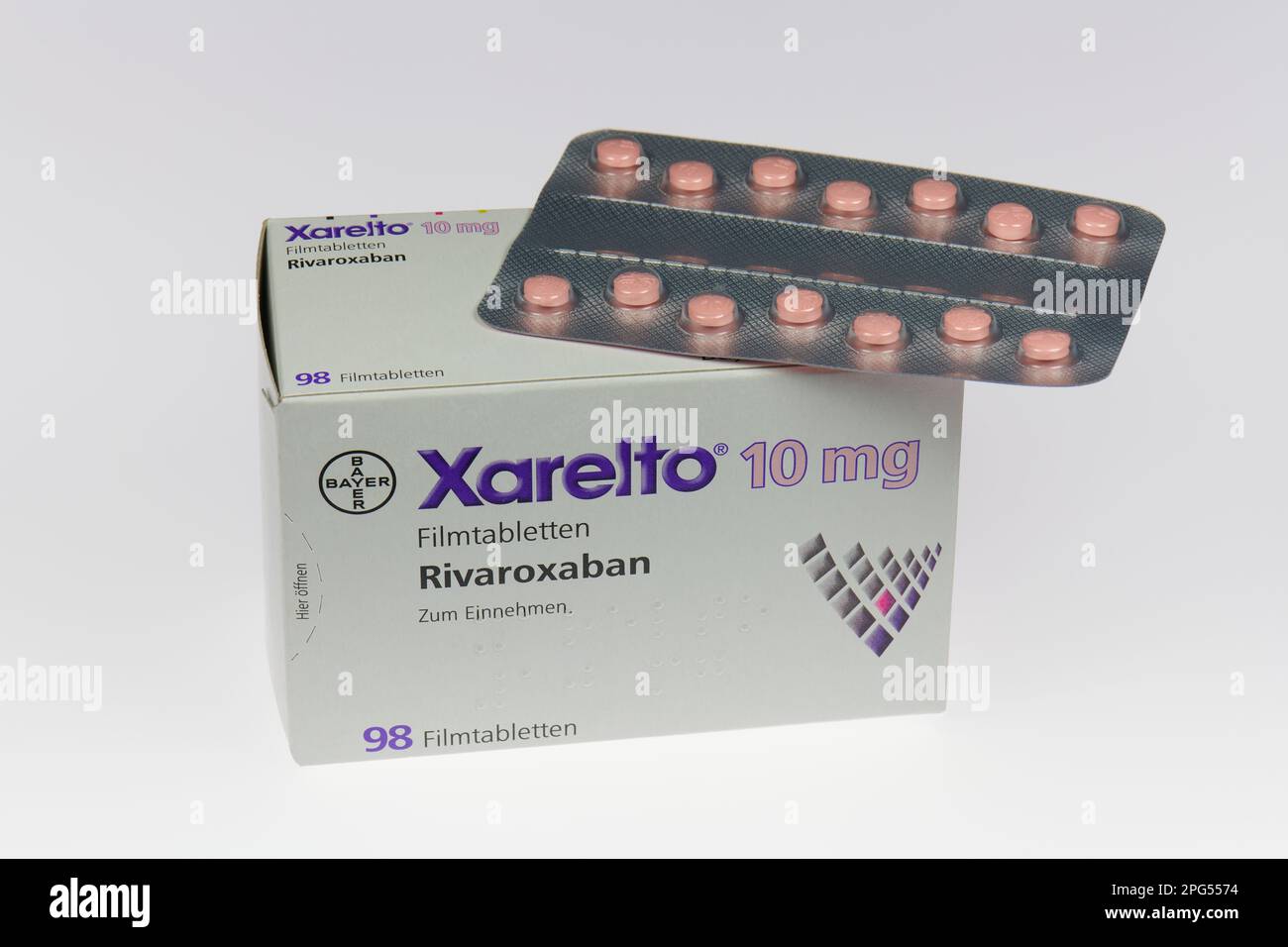 Xarelto medicine against thrombosis from Bayer company, Germany Stock Photo