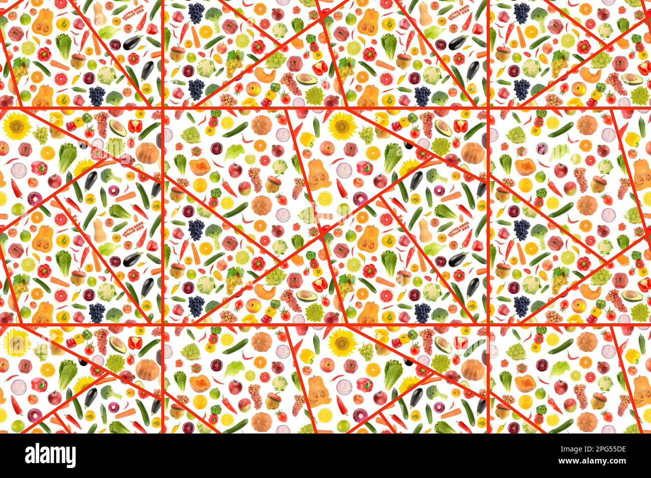 Beautiful seamless pattern wholesome colorful fruits and vegetables. Stock Photo