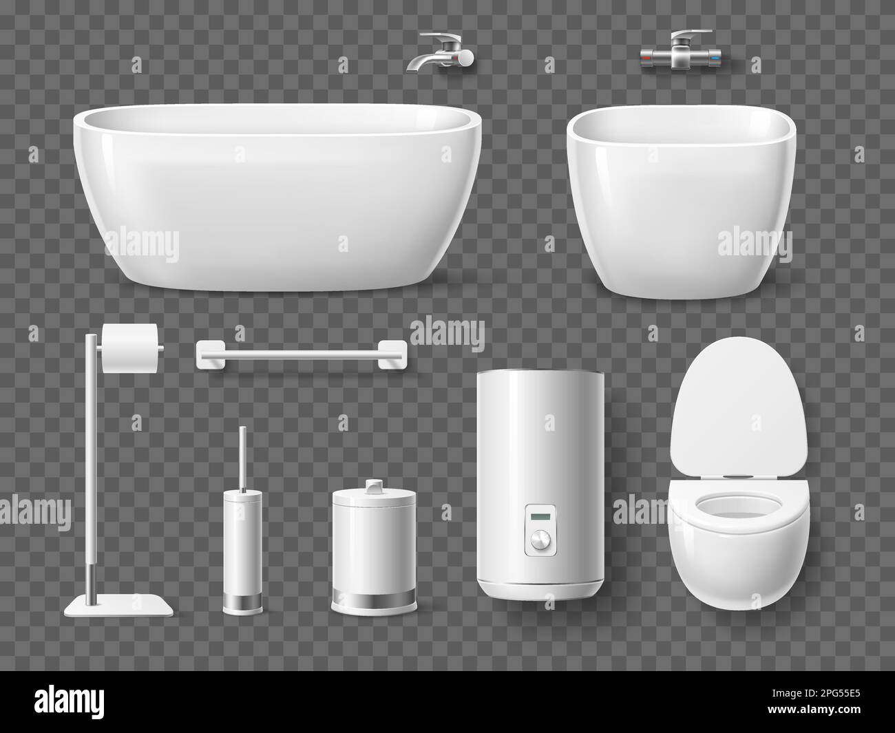 Realistic bathroom and toilet elements. Shower and toilet objects, sink and bidet, bath and boiler, white hygienic ceramics, wc interior. Lavatory Stock Vector