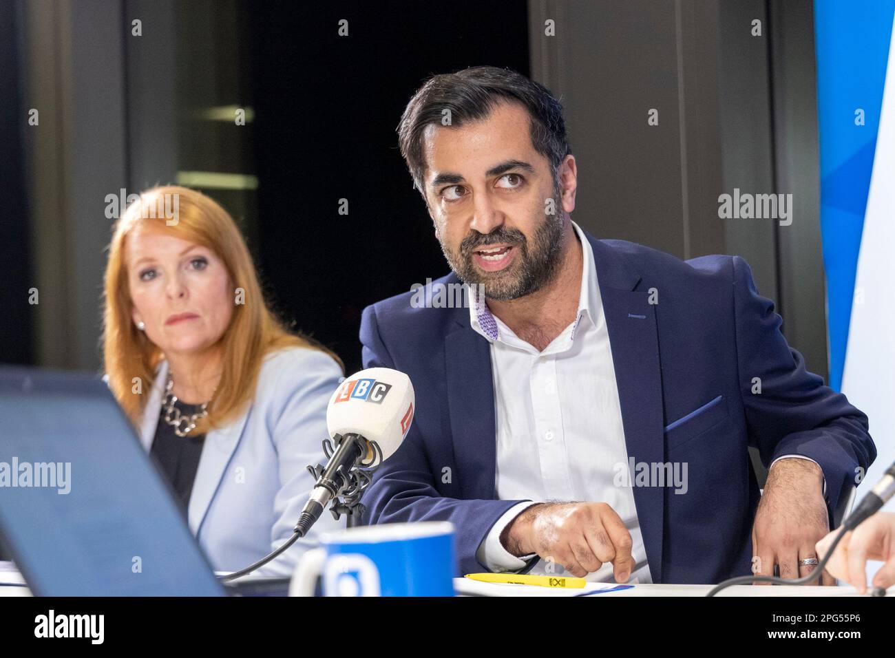 SNP leadership candidates Ash Regan and Humza Yousaf, during a SNP leadership hustings hosted by LBC at their studios in Glasgow. Picture date: Monday March 20, 2023. Stock Photo