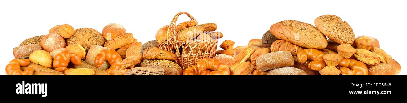 Panoramic photo fresh bread products and variety buns isolated on white background. Stock Photo
