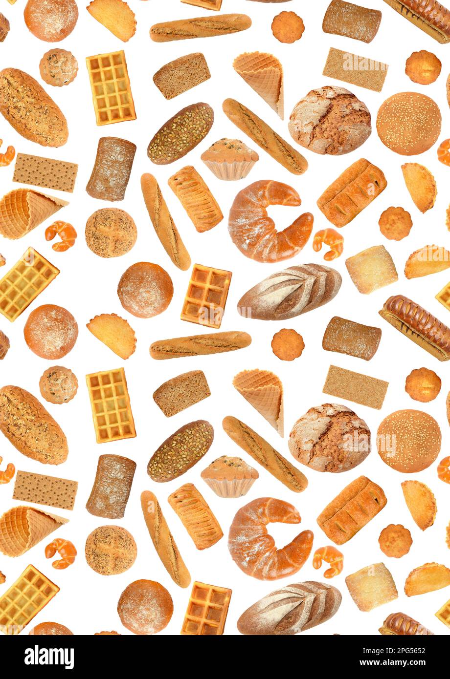 Big seamless pattern of bread products isolated on white background. Stock Photo