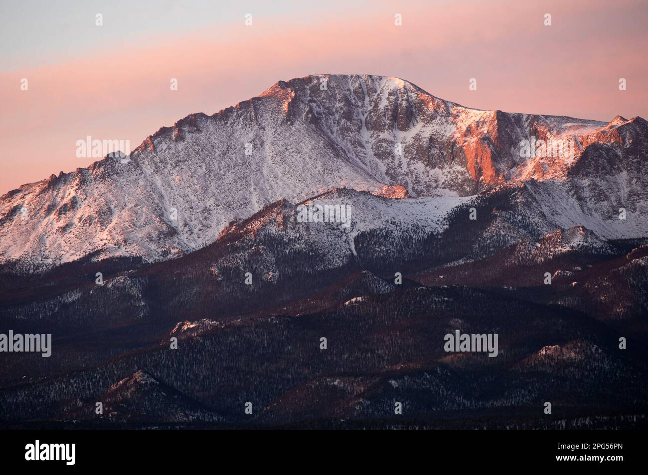 The north face of Pikes Peak at dawn, from the Rampart Range Road above