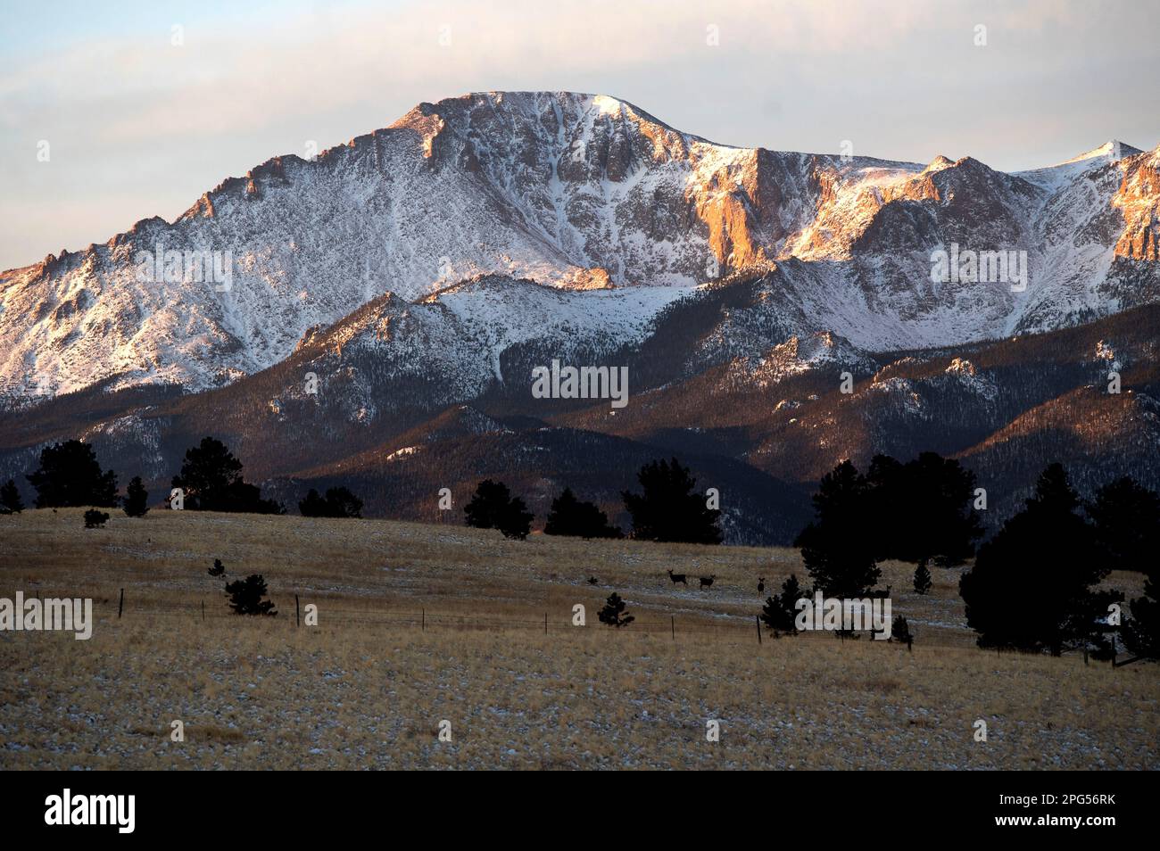 The north face of Pikes Peak at dawn, from the Rampart Range Road above