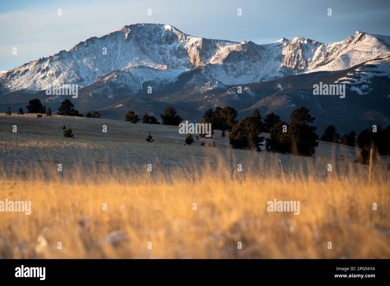 The north face of Pikes Peak at dawn, from the Rampart Range Road above