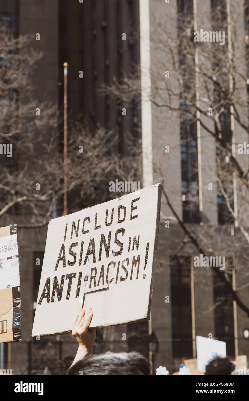 'Include Asians in Anti-Racism!' Sign at Anti-Asian Violence Rally, New York City, New York, USA Stock Photo
