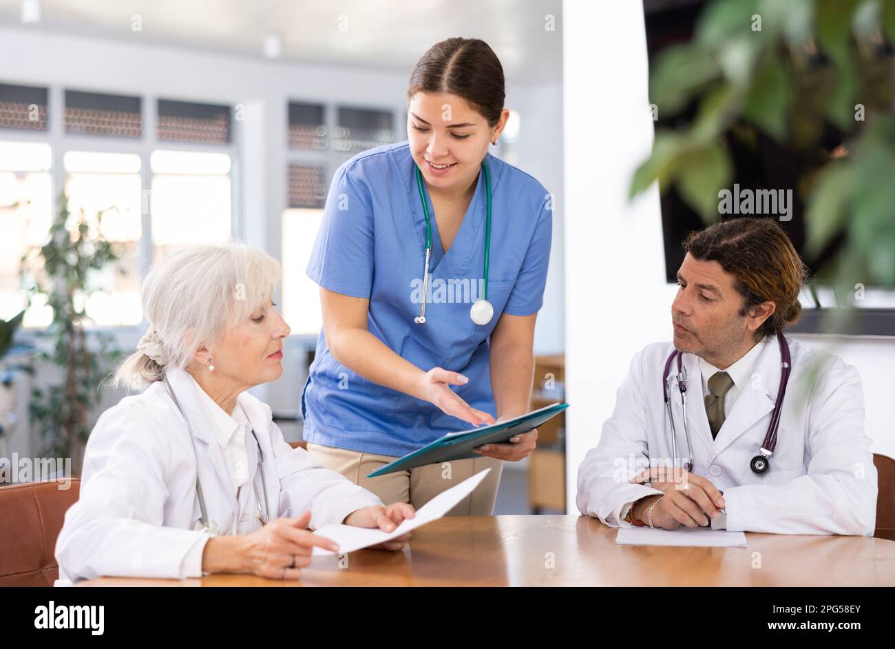Group of professional doctors sitting at table and discussing diagnosis and treatment of patients during medical council Stock Photo