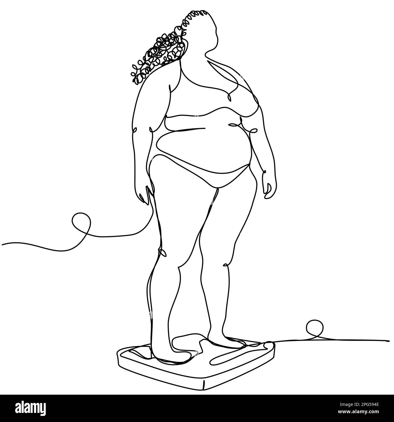 An overweight woman stands on the scales in one line on a white background.  Stock Vector