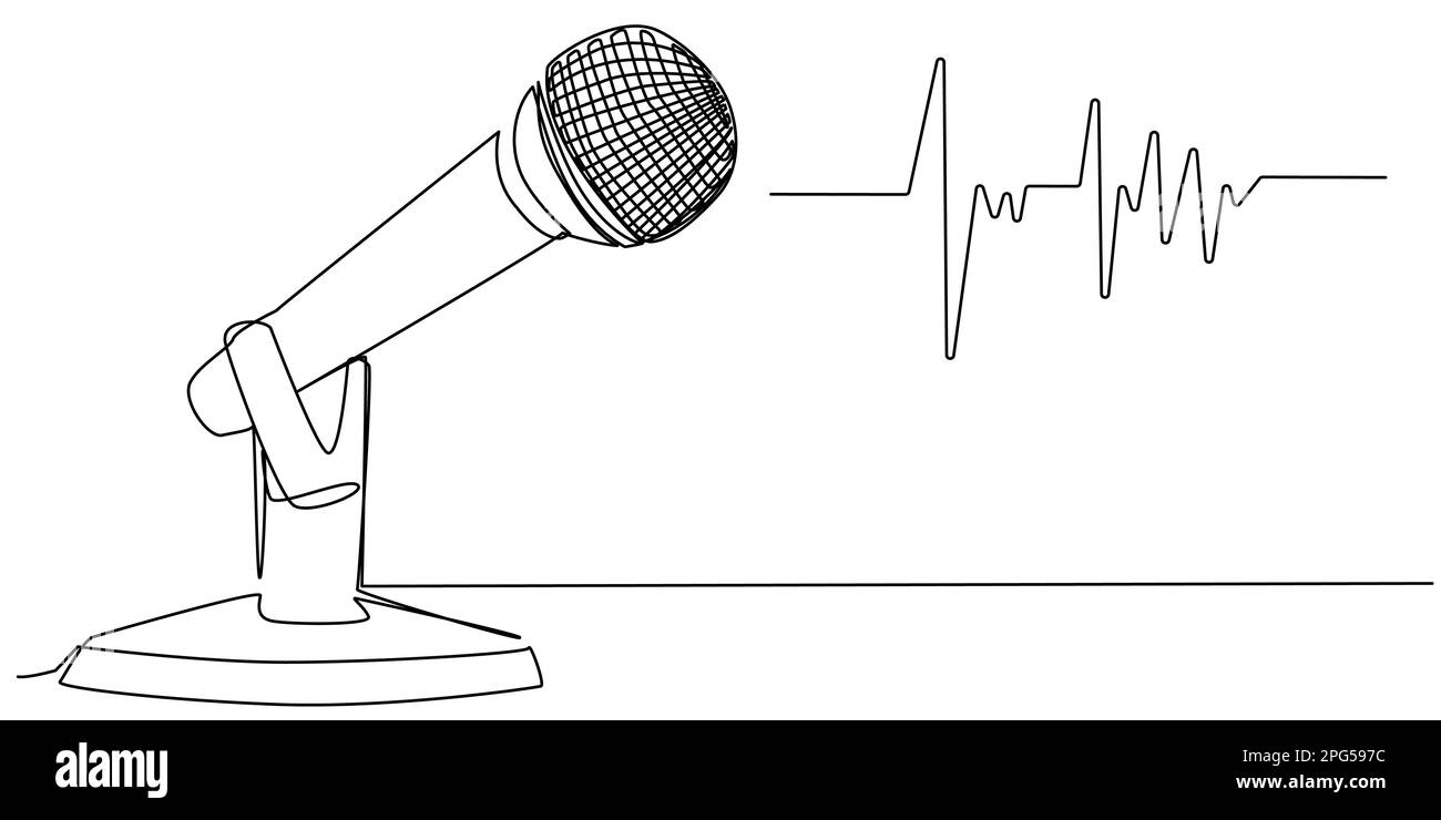 Studio microphone with sound waves in one line on a white background