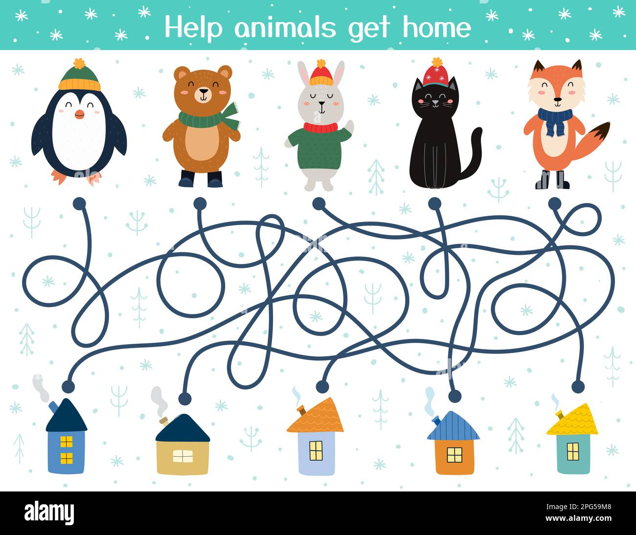 Help the cute animals find their homes. Winter maze game for kids