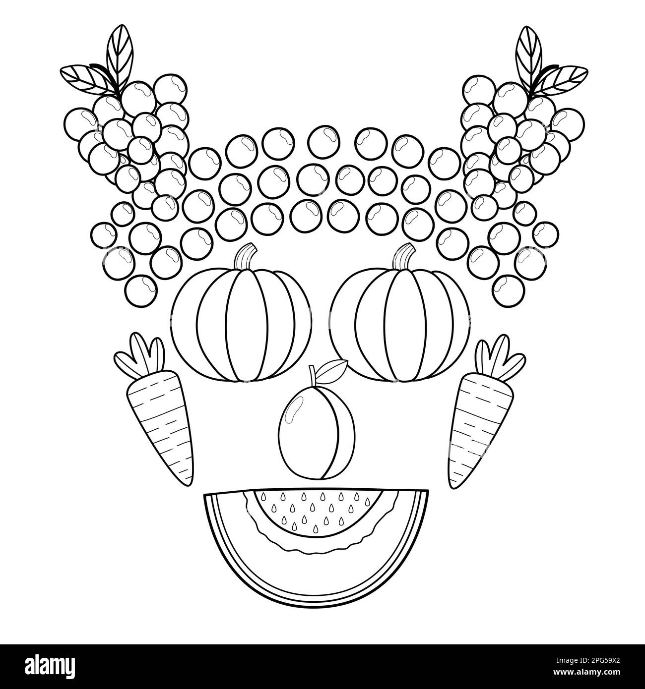Black and white fruit and vegetable face. Funny healthy coloring page head Stock Vector