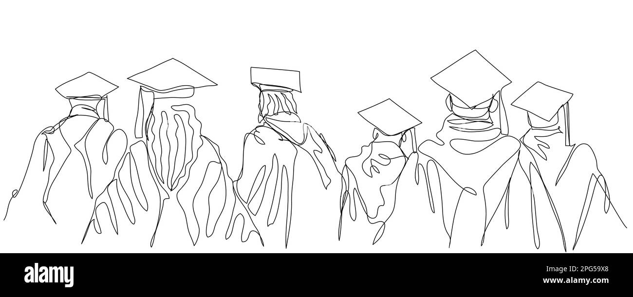 Students in robes and square caps in one line.  Stock Vector