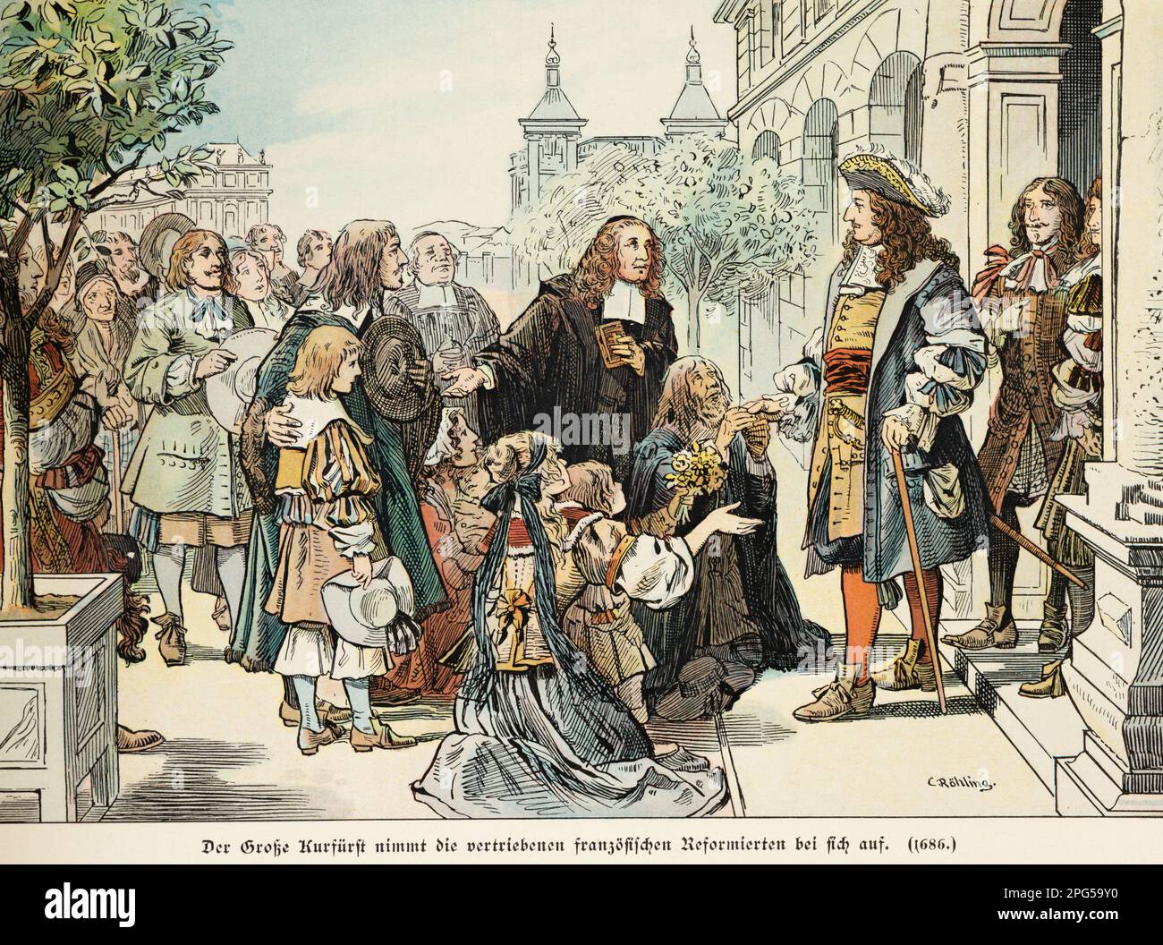 In 1686 Prince Friedrich Wilhelm the Great welcomes French reformists in his state, history of the Hohenzollern, Prussia,historical illustration 1899 Stock Photo