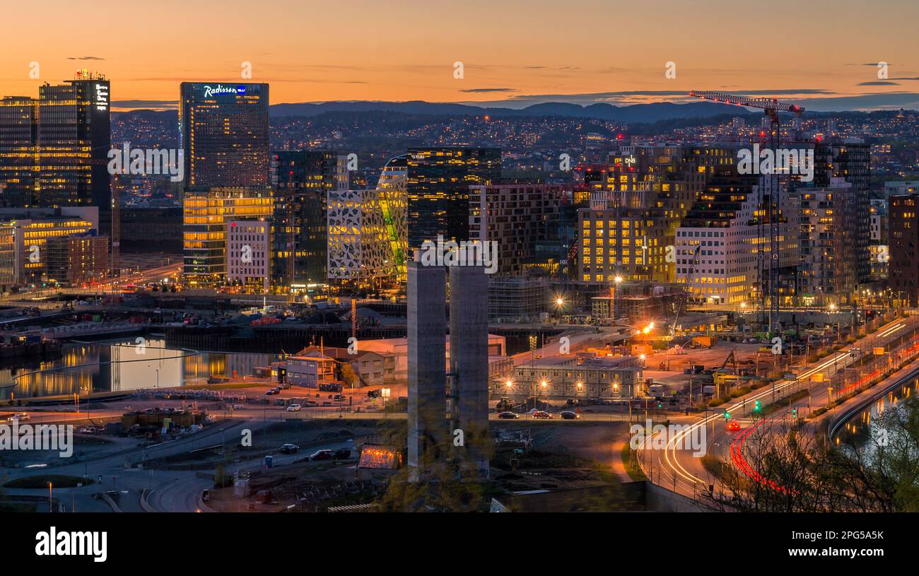 Oslo skyline by night, Norway Stock Photo