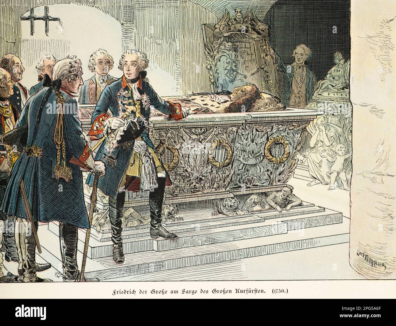 Frederick the Great at the sarcophagus of  the Great Elector, Berlin Cathedral,1750, history of the Hohenzollern, Prussia,historical illustration 1899 Stock Photo