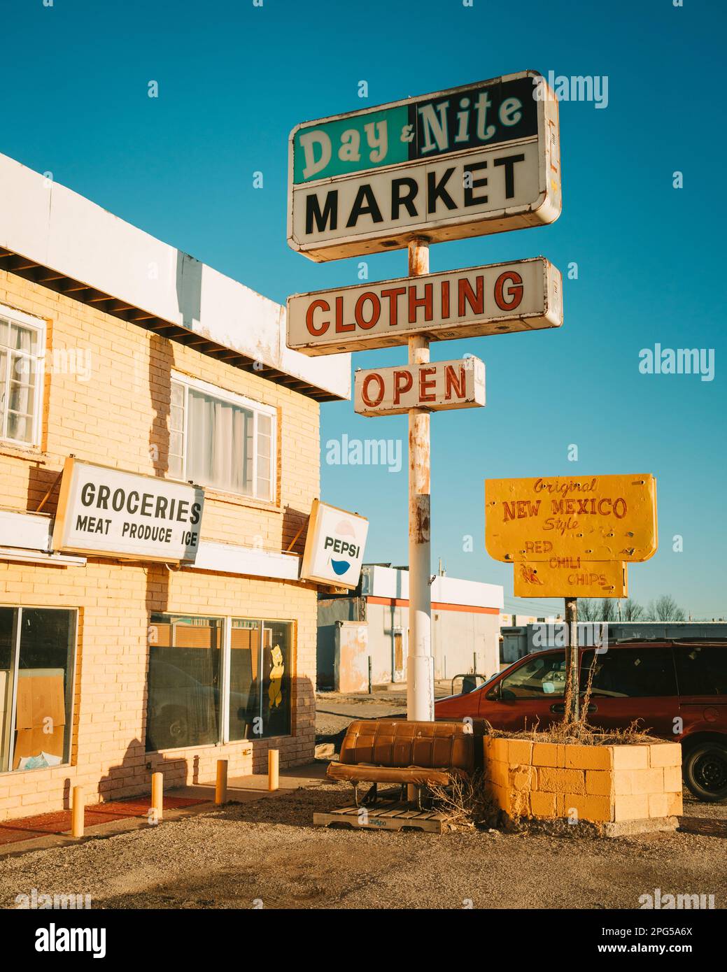 Pinkstons Day & Night Market vintage sign on Route 66, Milan, New